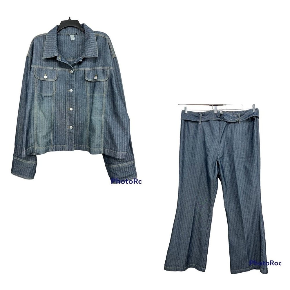 Vintage 90s Y2K Women Denim Pants Set Jacket Pants Belt Flared Wide Leg 4X‎